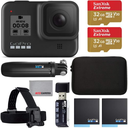 고프로 GoPro Hero 8 Action Camera with 2 Total Batteries, Two Sandisk 32GB Extreme MicroSD Cards, GoPro Shorty Tripod, Head Mount Strap, Camera Case, Card Reader and Cleaning Cloth