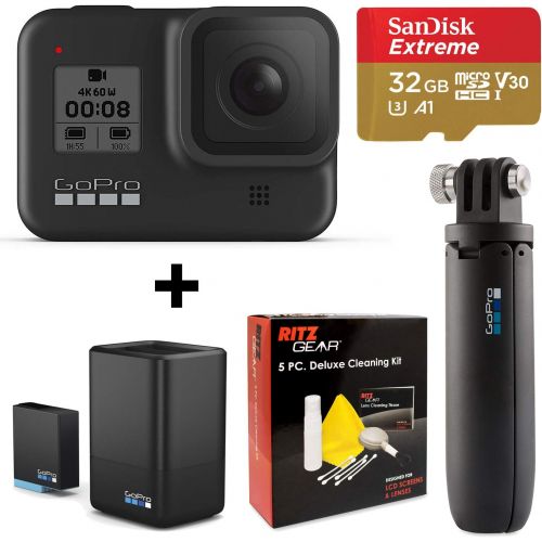 고프로 GoPro Hero 8 Black Action Camera + GoPro Dual Battery Charger + Battery (HERO8 Black) + Gopro Shorty Tripod + Sandisk 32GB U3 Memory Card + Ritz Gear 5 Piece Cleaning Kit