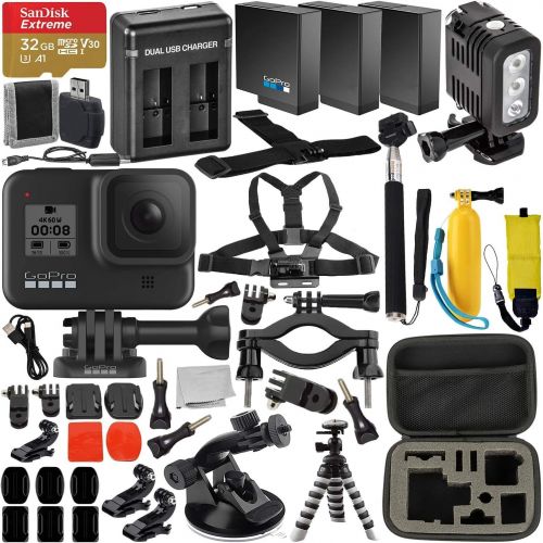 고프로 GoPro HERO8 (Hero 8) Action Camera (Black) with Premium Accessory Bundle Includes: SanDisk Extreme 32GB microSDHC Memory Card, 2x Spare Battery, Dual Battery Charger, Underwater L