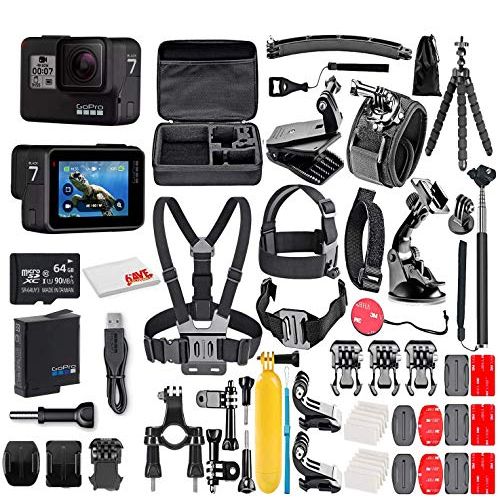 고프로 GoPro HERO7 Black - E-Commerce Packaging - Waterproof Action Camera with Touch Screen, 4K HD Video, 12MP Photos, Live Streaming and Stabilization - with 50 Piece Accessory Kit - Fu