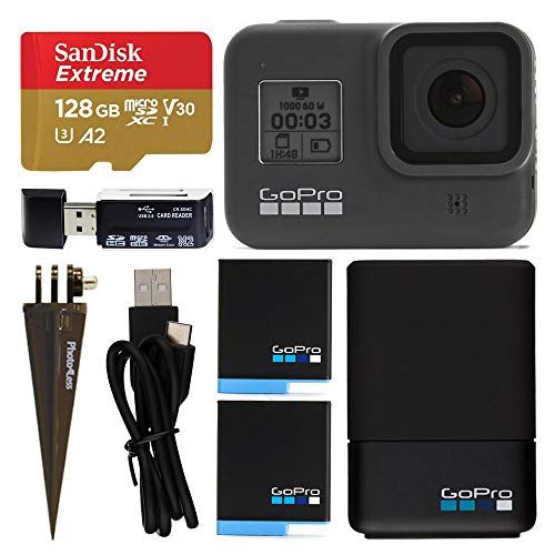 고프로 GoPro HERO8 Black Action Camcorder Bundle + GoPro Dual Battery Charger + 2 Batteries + Sandisk Extreme 128GB MicroSDHC Memory Card + Top Value Accessories!