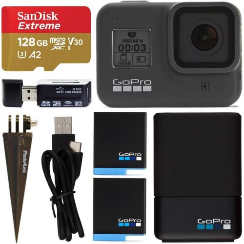 고프로 GoPro HERO8 Black Action Camcorder Bundle + GoPro Dual Battery Charger + 2 Batteries + Sandisk Extreme 128GB MicroSDHC Memory Card + Top Value Accessories!