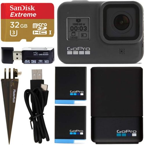 고프로 GoPro HERO8 Black Action Camcorder Bundle + GoPro Dual Battery Charger + 2 Batteries + Sandisk Extreme 32GB MicroSDHC Memory Card + Top Value Accessories!