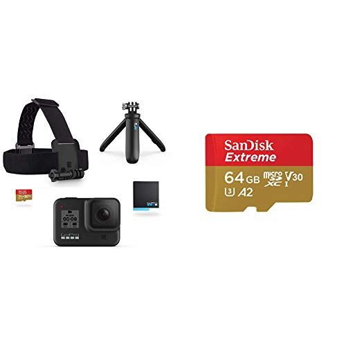 고프로 GoPro Pacchetto HERO8 Black - Include Shorty, cinghia per la Testa, batteria di riserva e scheda di Memoria da 32 GB + Kit di accessori