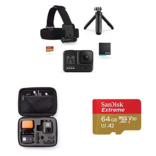 고프로 GoPro Pacchetto HERO8 Black - Include Shorty, cinghia per la Testa, batteria di riserva e scheda di Memoria da 32 GB + Kit di accessori + Custodia trasporto Small