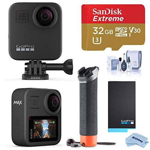 고프로 GoPro MAX Waterproof 360 Camera with Touch Screen, 5.6K30 UHD Video 16.6MP Photos 1080p Live Streaming Bundle with Hand Grip, Battery, 32GB microSD Card, Cleaning Kit