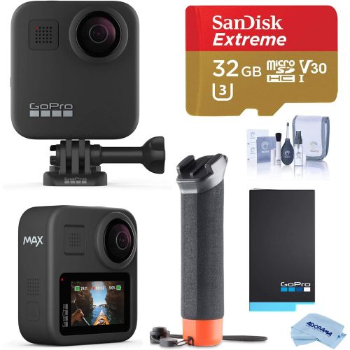 고프로 GoPro MAX Waterproof 360 Camera with Touch Screen, 5.6K30 UHD Video 16.6MP Photos 1080p Live Streaming Bundle with Hand Grip, Battery, 32GB microSD Card, Cleaning Kit