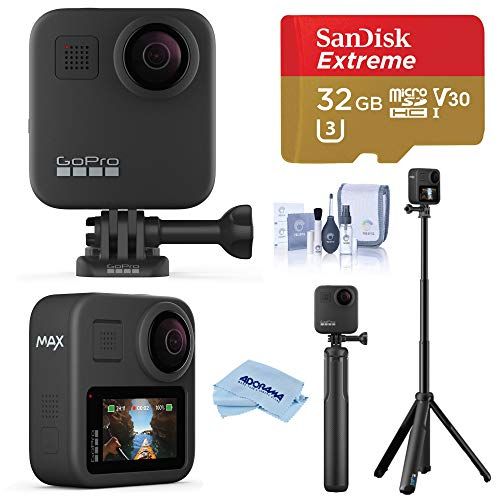 고프로 GoPro MAX Waterproof 360 Camera 5.6K30 UHD Video 16.6MP Photos 1080p Live Streaming Travel Bundle with Grip + Tripod, 32GB microSD Card, Cleaning Kit