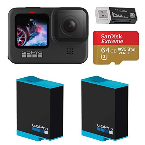 고프로 GoPro HERO9 Black, Waterproof Sport and Action Camera, 5K/4K Video, Bundle with 2 Extra Battery, 64GB microSD Card, Card Reader