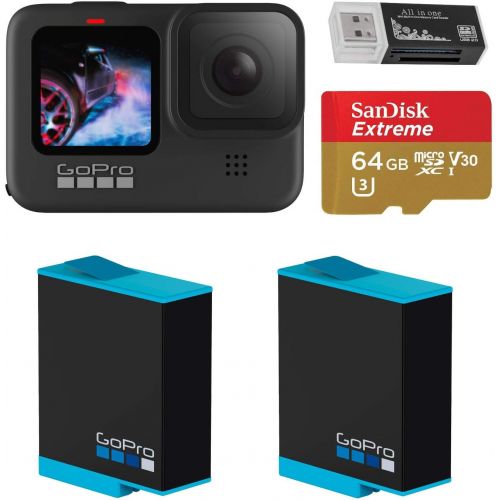 고프로 GoPro HERO9 Black, Waterproof Sport and Action Camera, 5K/4K Video, Bundle with 2 Extra Battery, 64GB microSD Card, Card Reader