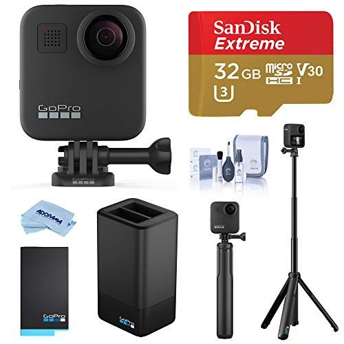 고프로 GoPro MAX Waterproof 360 Camera with Touch Screen, 5.6K30 Video 16.6MP Photos Pro Bundle with Grip + Tripod, Dual Charger, Battery, 32GB microSD Card, Cleaning Kit