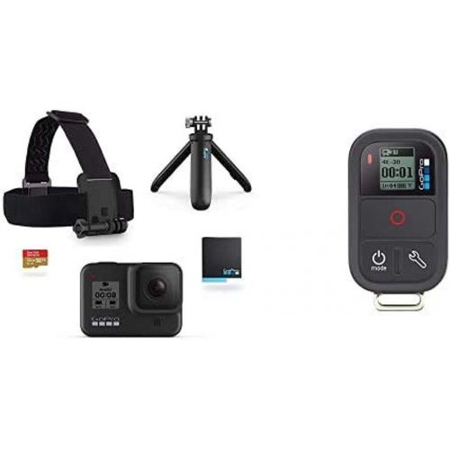 고프로 GoPro Hero8 Action Camera Holiday Bundle with Remote Includes Camera, Shorty Handle, Headstrap, 32GB SD Card, Remote, and 2 Batteries