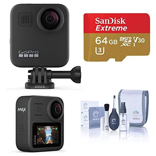 고프로 GoPro MAX Waterproof 360 Camera + Hero Style Video with Touch Screen, Spherical 5.6K30 UHD Video 16.6MP 360 Photos 1080p Live Streaming Basic Bundle with 64GB microSD Card, Cleanin