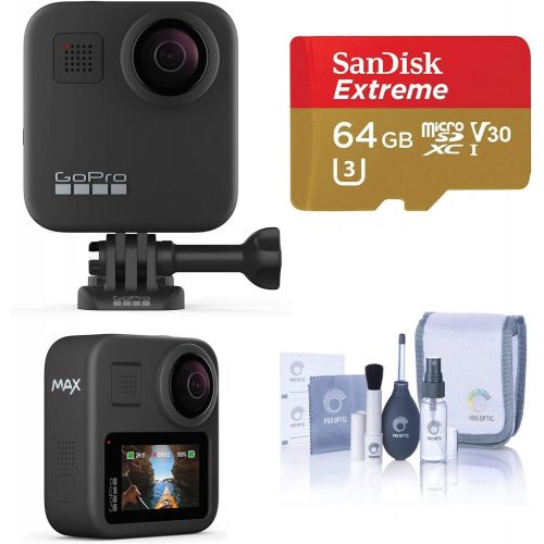 고프로 GoPro MAX Waterproof 360 Camera + Hero Style Video with Touch Screen, Spherical 5.6K30 UHD Video 16.6MP 360 Photos 1080p Live Streaming Basic Bundle with 64GB microSD Card, Cleanin