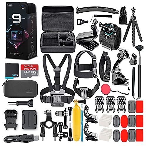 고프로 GoPro HERO9 Black - Waterproof Action Camera with Front LCD, Touch Rear Screens, 5K Video, 20MP Photos, 1080p Live Streaming, Stabilization + 64GB Card and 50 Piece Accessory Kit -