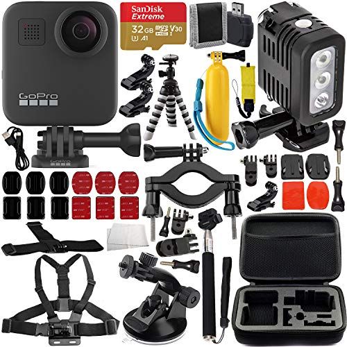 고프로 GoPro MAX 360 Action Camera with Premium Accessory Bundle ? Includes: SanDisk Extreme 32GB microSDHC Memory Card, Rechargeable Underwater LED Light, Protective Carrying Case & Much