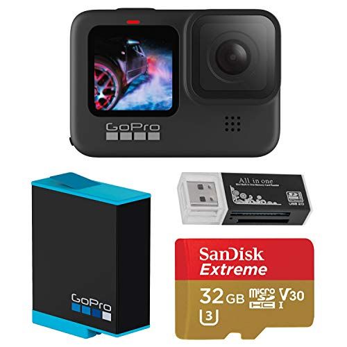 고프로 GoPro HERO9 Black, Waterproof Action Camera, 5K/4K Video, Essential Bundle with Extra Battery, 32GB microSD Card, Card Reader