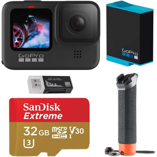 고프로 GoPro HERO9 Black, Waterproof Action Camera, 5K/4K Video, Starter Bundle with Extra Battery, Floating Hand Grip, 32GB microSD Card, Card Reader