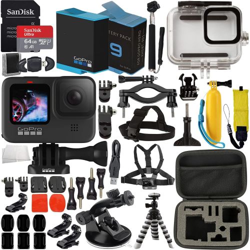 고프로 GoPro HERO9 (Hero 9) Action Camera (Black) with Premium Accessory Bundle ? Includes: SanDisk Ultra 64GB microSD Memory Card, Spare Battery, Underwater Housing, Carrying Case, & Muc