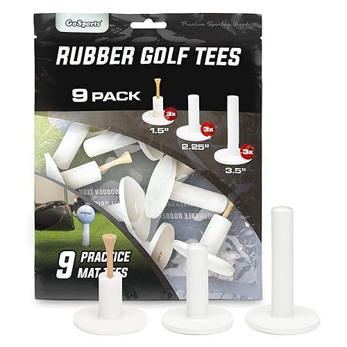  GoSports Rubber Golf Tees 9 Pack - 3x of 1.5 Inch, 2.25 Inch and 3.5 Inch Tees - Universal with Artificial Turf Golf Mats