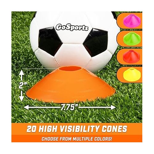  GoSports Premium Sports Cones for Agility Training and Drills - 20 Pack with Tote - Orange, Green, Pink, Yellow, or Red