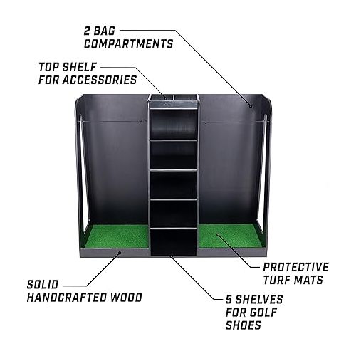  GoSports Premium Wooden Golf Bag Organizer and Storage Rack - Holds 2 Golf Bags - Black, White or Brown Finish