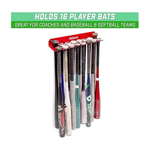  GoSports Baseball & Softball Bat Rack - Holds 16 Bats - Mount on Wall or Clip on Dugout Fence - Black or Red