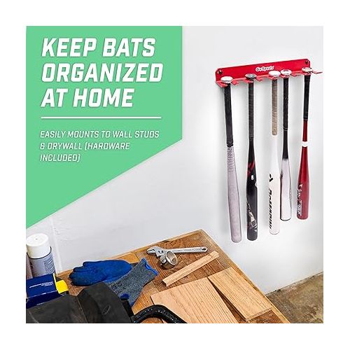  GoSports Baseball & Softball Bat Rack - Holds 16 Bats - Mount on Wall or Clip on Dugout Fence - Black or Red