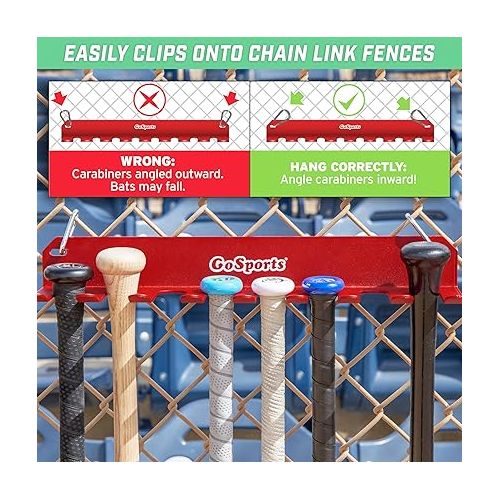  GoSports Baseball & Softball Bat Rack - Holds 16 Bats - Mount on Wall or Clip on Dugout Fence - Black or Red