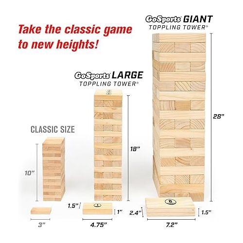  GoSports Giant Wooden Toppling Tower - Stacks Up to 5 ft - Brown Wood Stain, Gray, Natural, Stars & Stripes, or Tropical Hardwood