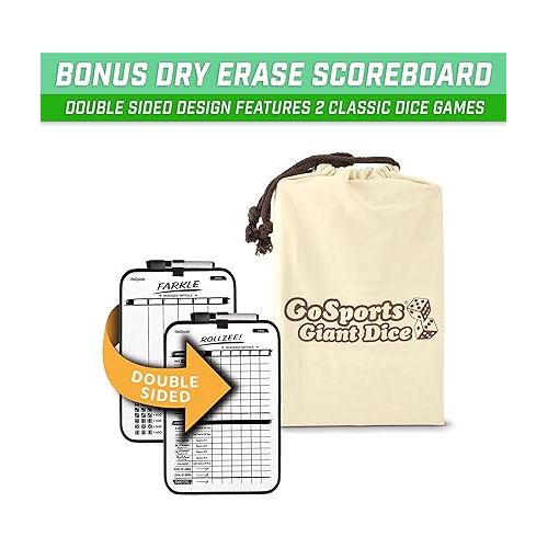  GoSports Giant Wooden Playing Dice Set with Rollzee and Farkle Scoreboard - Includes 6 Dice, Dry-Erase Scoreboard and Canvas Tote Bag - Choose 2.5 Inch or 3.5 Inch Dice)