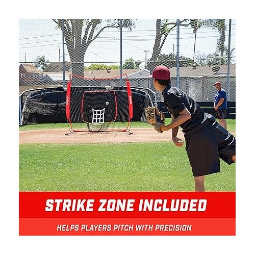  GoSports 7 ft x 7 ft Baseball & Softball Practice Hitting & Pitching Net with Bow Type Frame, Carry Bag and Strike Zone - Choose Red, Black, or PRO, Great for All Skill Levels