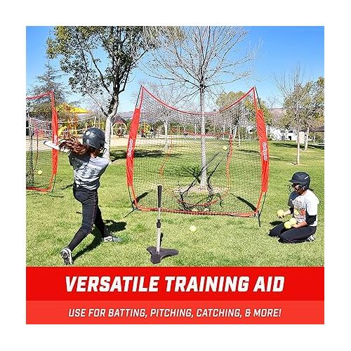  GoSports 7 ft x 7 ft Baseball & Softball Practice Hitting & Pitching Net with Bow Type Frame, Carry Bag and Strike Zone - Choose Red, Black, or PRO, Great for All Skill Levels