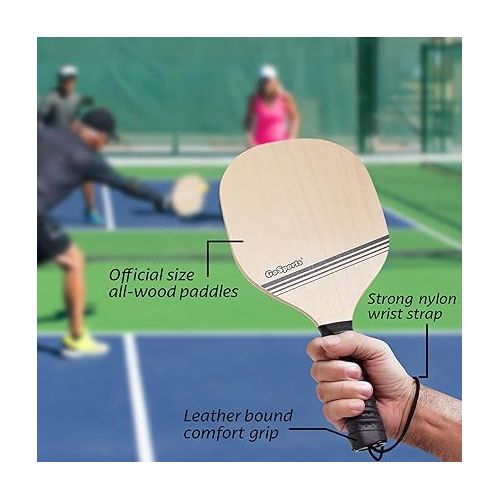  GoSports Wood Pickle Ball Starter Set - Includes 2 Wooden Paddles, 4 Official Pickleballs & Backpack Tote