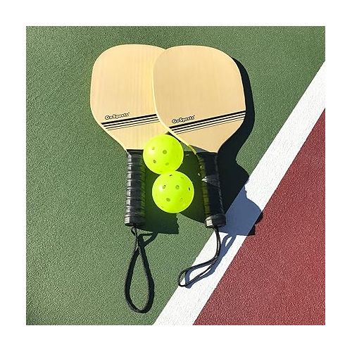  GoSports Wood Pickle Ball Starter Set - Includes 2 Wooden Paddles, 4 Official Pickleballs & Backpack Tote