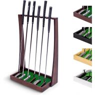 GoSports Premium Wooden Golf Putter Stand - Indoor Display Rack, Holds 6 Clubs - Black, Natural, Brown, White