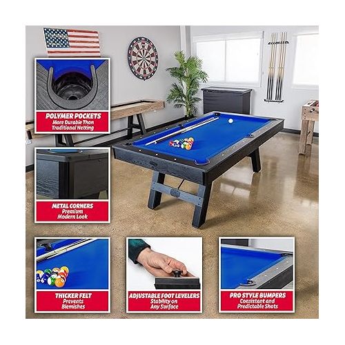  GoSports 7 ft Pool Table with Wood Finish - Modern Billiards Table with 2 Cue Sticks, Balls, Rack, Felt Brush and Chalk - Choose Your Style