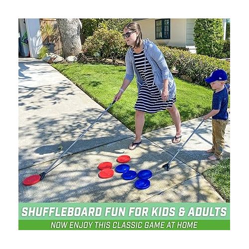  GoSports Driveway Shuffleboard Game Set - Includes 2 Shuffleboard Cue Sticks, 8 Pucks, 2 Pieces of Chalk