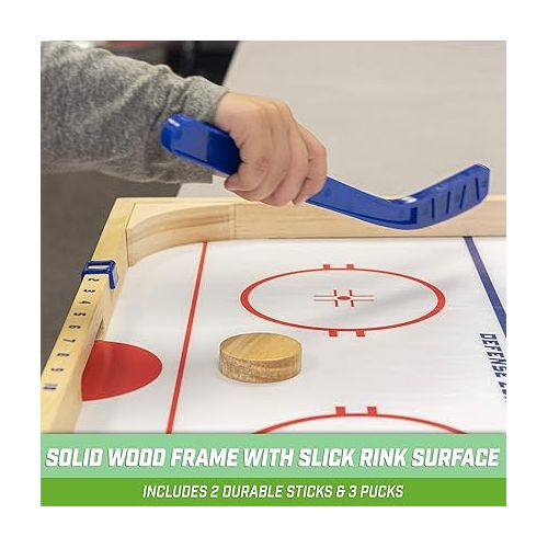  GoSports Ice Pucky Wooden Tabletop Hockey Game for Kids & Adults - Includes 1 game board, 2 Hockey Sticks & 3 Pucks