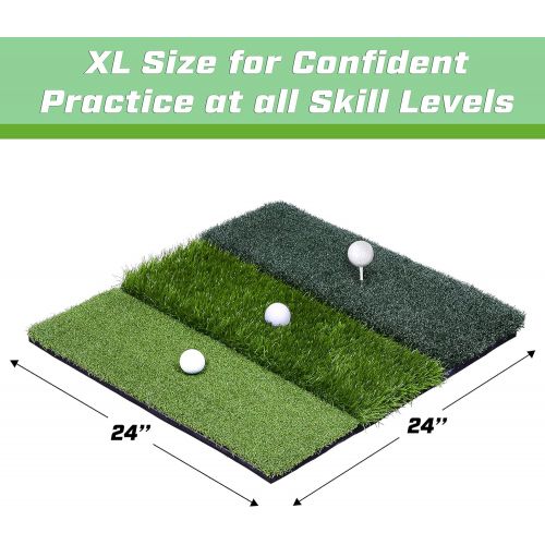  GoSports Tri-Turf XL Golf Practice Hitting Mat - Huge 24 x 24 Turf Mat for Indoor Outdoor Training, Green