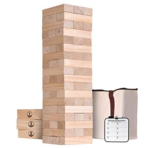  GoSports Giant Wooden Toppling Tower (Stacks to 5+ Feet) | Choose Between Natural, Brown Stain, Gray Stain or Stars and Stripes | Includes Bonus Rules with Gameboard | Made from Pr