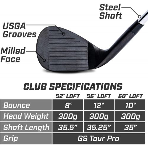  GoSports Tour Pro Golf Wedge Set ? Includes 52 Gap Wedge, 56 Sand Wedge and 60 Lob Wedge in Satin or Black Finish (Right Handed)