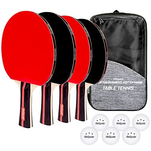  GoSports Tournament Edition Table Tennis Paddles Set of 4 Premium Wooden Paddles with Rubber Grip - Includes 4 Paddles and 6 Pro Grade Table Tennis Balls with Carrying Case