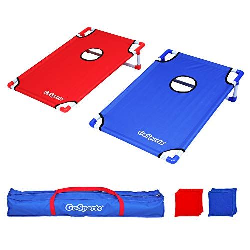  GoSports Portable PVC Framed Cornhole Toss Game Set with 8 Bean Bags and Travel Carrying Case - Choose American Flag Design, Red & Blue or Football