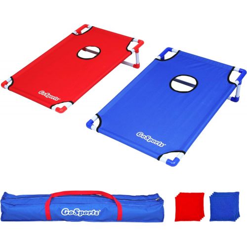  GoSports Portable PVC Framed Cornhole Toss Game Set with 8 Bean Bags and Travel Carrying Case - Choose American Flag Design, Red & Blue or Football