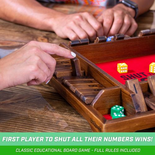  GoSports Shut The Box Premium Wooden Dice Game - Classic 4 Player Family Board Game, 10 Number Rows with Red Felt, Dice and Wood Stain Finish - for Kids and Adults