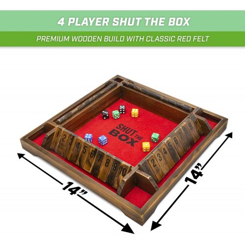  GoSports Shut The Box Premium Wooden Dice Game - Classic 4 Player Family Board Game, 10 Number Rows with Red Felt, Dice and Wood Stain Finish - for Kids and Adults