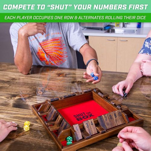  GoSports Shut The Box Premium Wooden Dice Game - Classic 4 Player Family Board Game, 10 Number Rows with Red Felt, Dice and Wood Stain Finish - for Kids and Adults