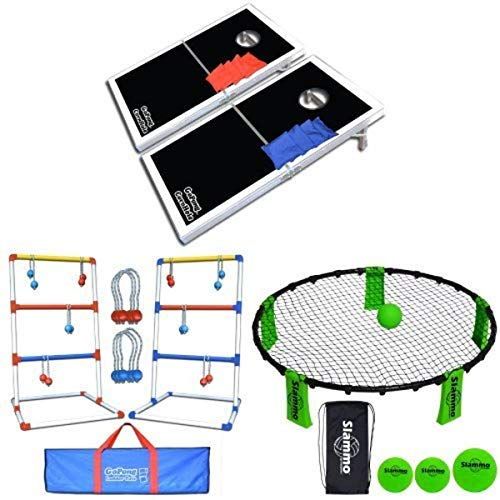  Bundle: GoSports CornHole PRO Regulation Size Bean Bag Toss Game Set (Black), GoSports Premium Ladder Toss Game (includes carrying case) and GoSports Slammo Game Set (Includes 3 Ba