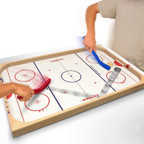  GoSports Hockey Ice Pucky Wooden Table Top Hockey Game for Kids & Adults - Includes 1 Game Board, 2 Hockey Sticks & 3 Pucks